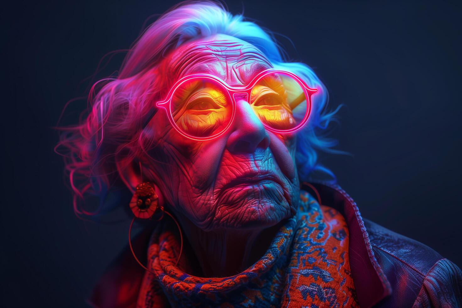 An old woman wearing glasses and a scarf photo