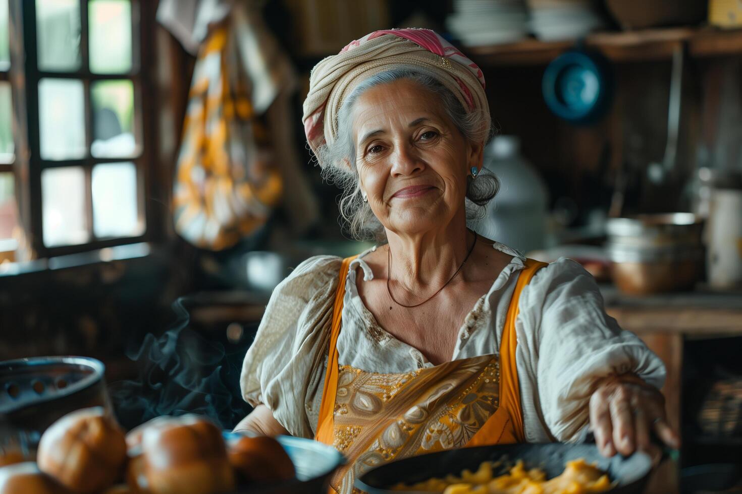 An elderly woman is cooking food in a kitchen photo