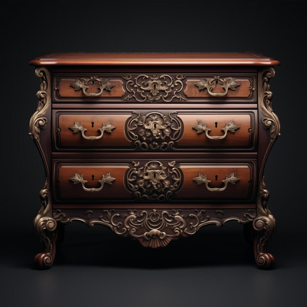 An antique chest of drawers with ornate carvings photo