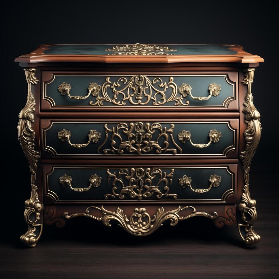 An ornate chest of drawers with gold detailing photo