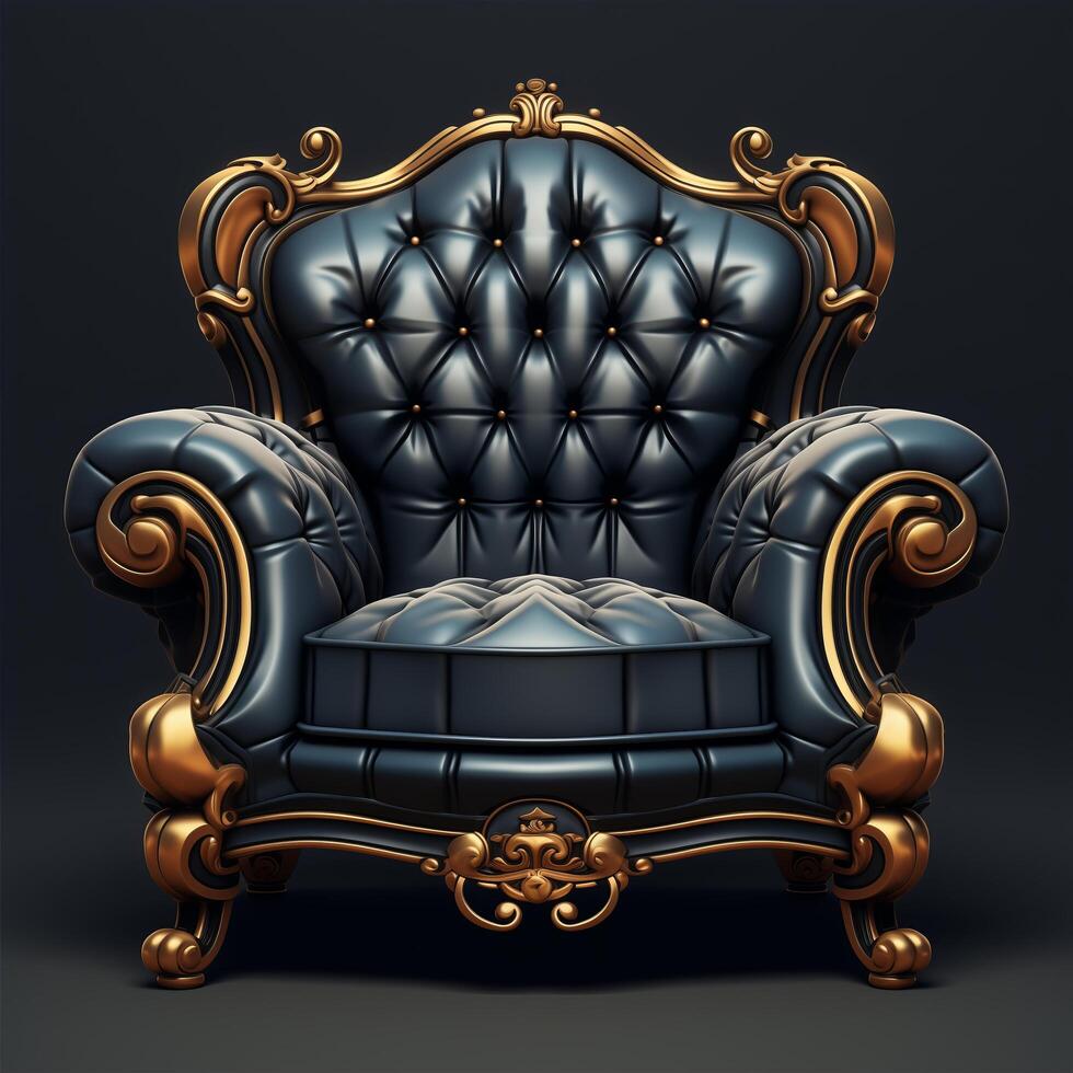 An old black leather chair with gold trim photo