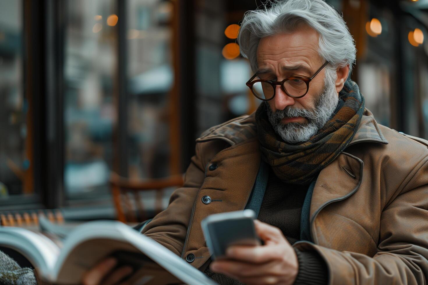 An older man with glasses and a scarf is reading a book photo