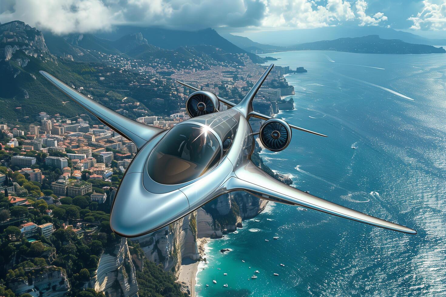 A futuristic jet flying over a city and ocean photo