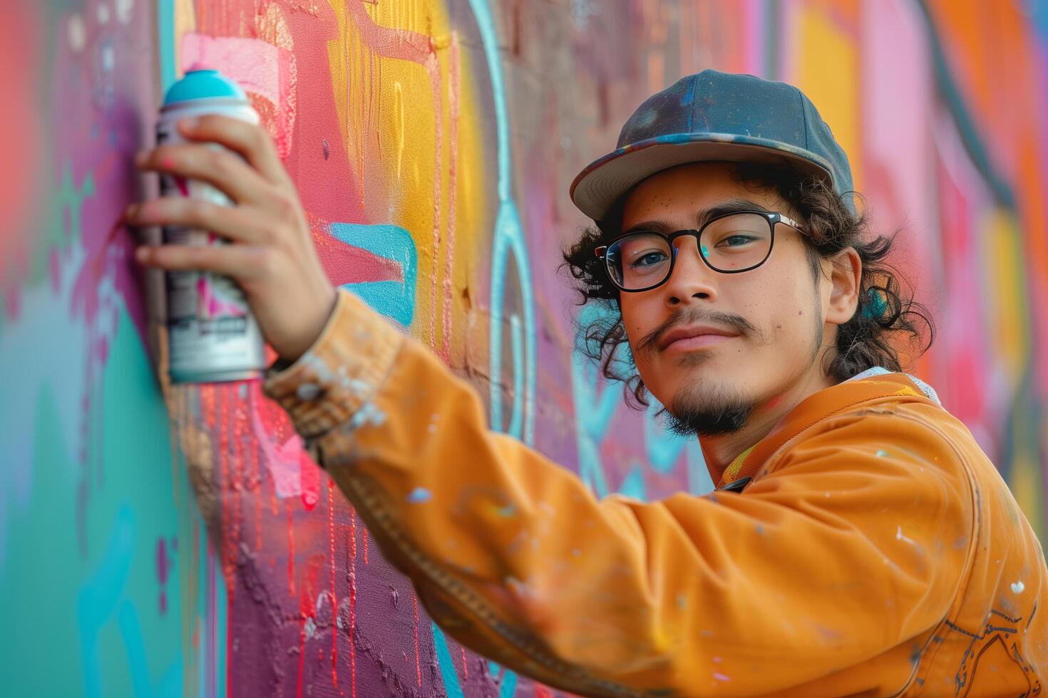 A man wearing glasses and a hat is painting a wall photo