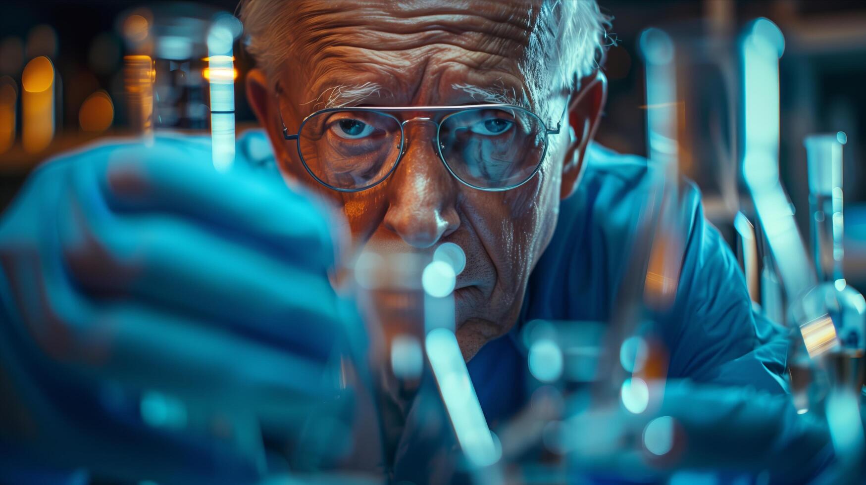 An older man in a lab coat is looking at a test tube photo