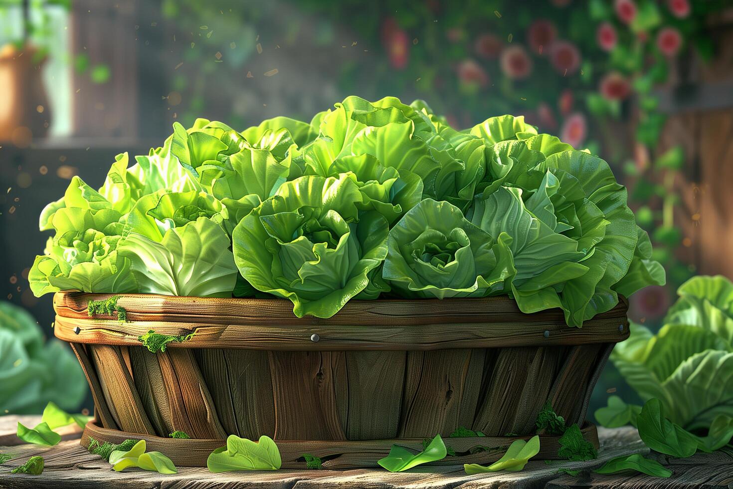 A basket full of lettuce is sitting on a table photo