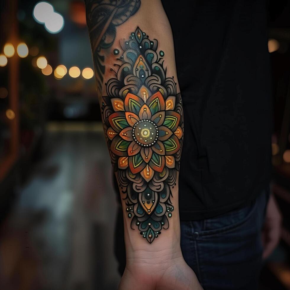 A man with a colorful tattoo on his arm photo