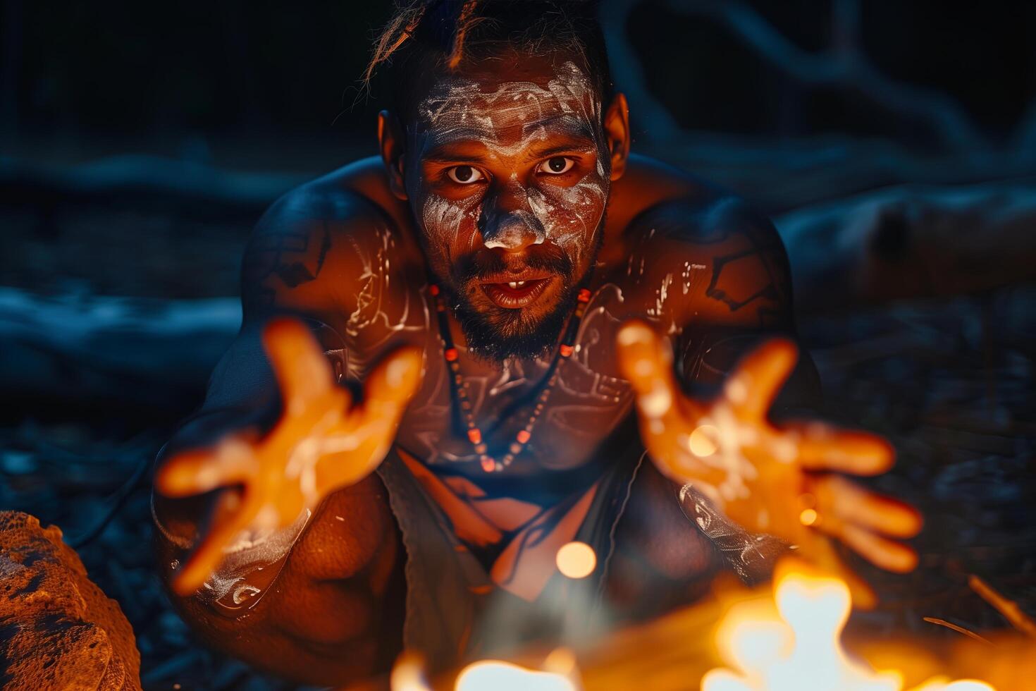 A man with painted face sitting in front of a fire photo