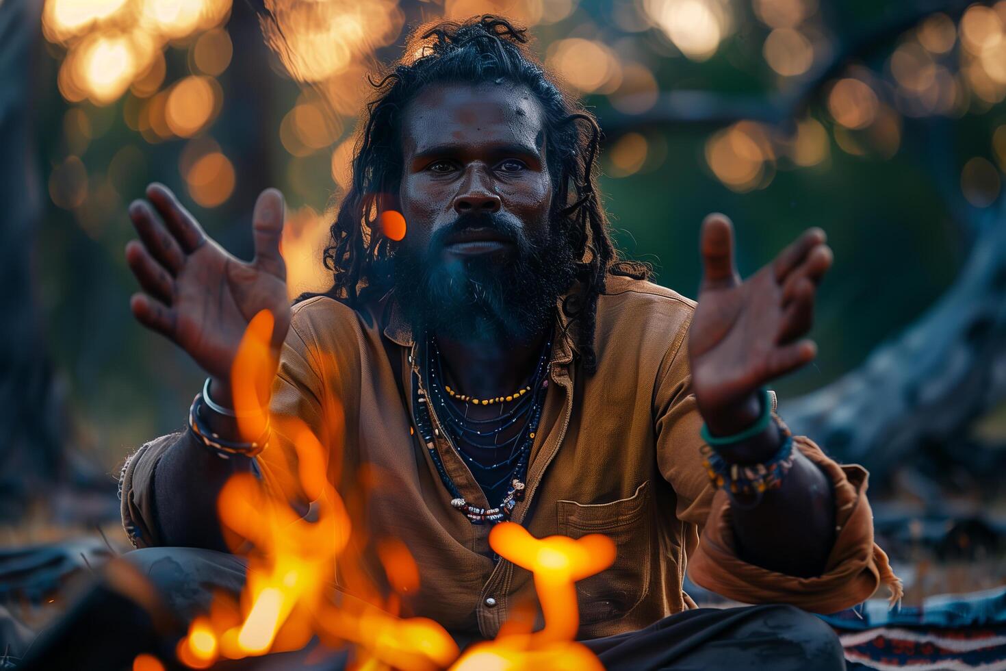 A man with dreadlocks sitting in front of a fire photo
