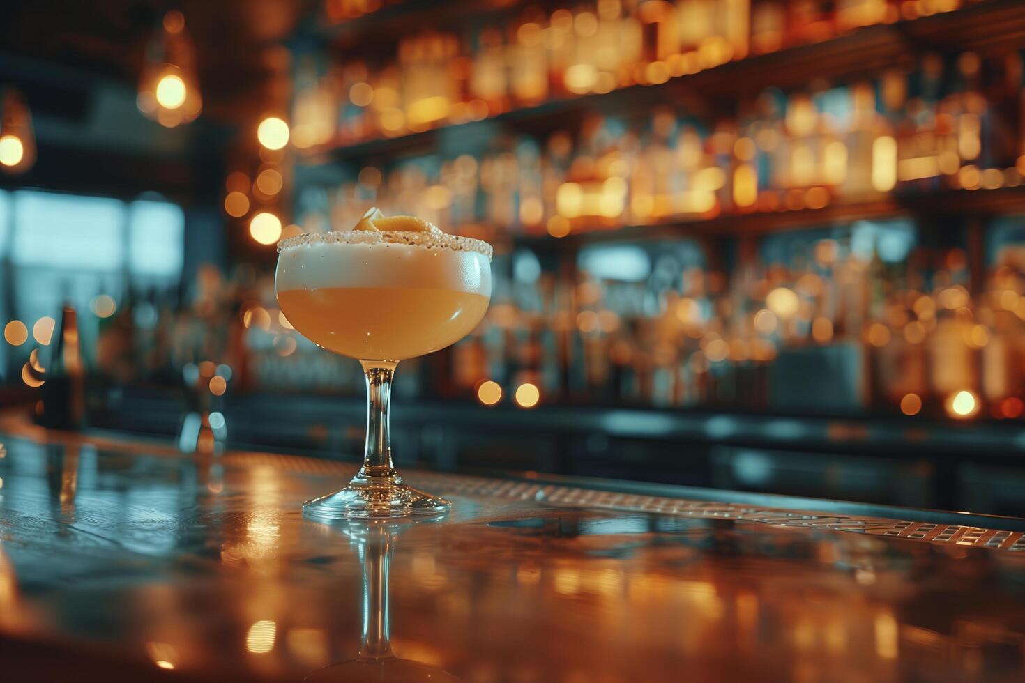 A cocktail sitting on a bar with a glass in front of it photo