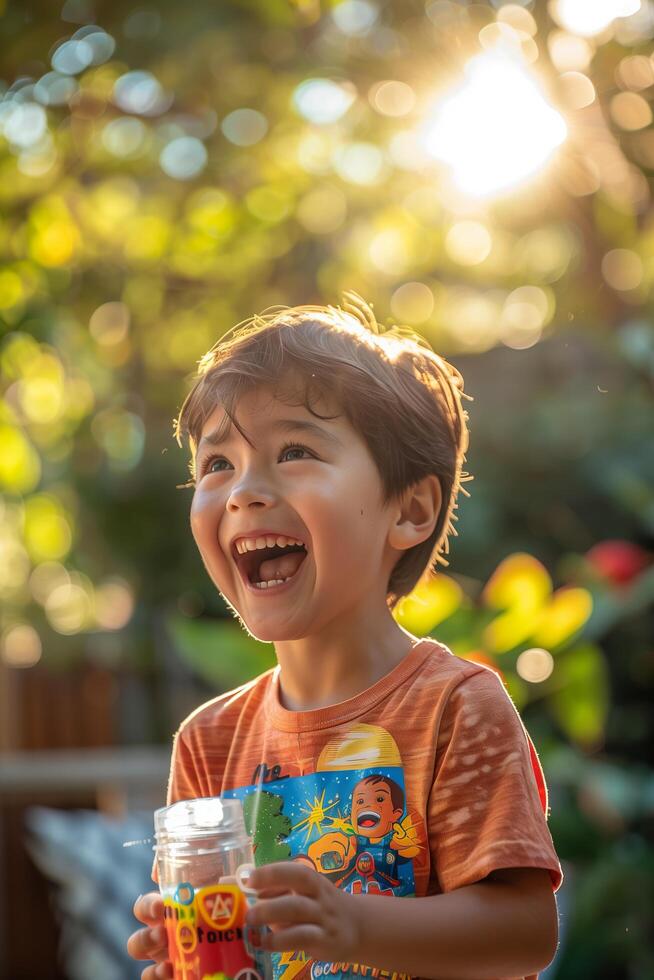 A boy holding a cup of water photo