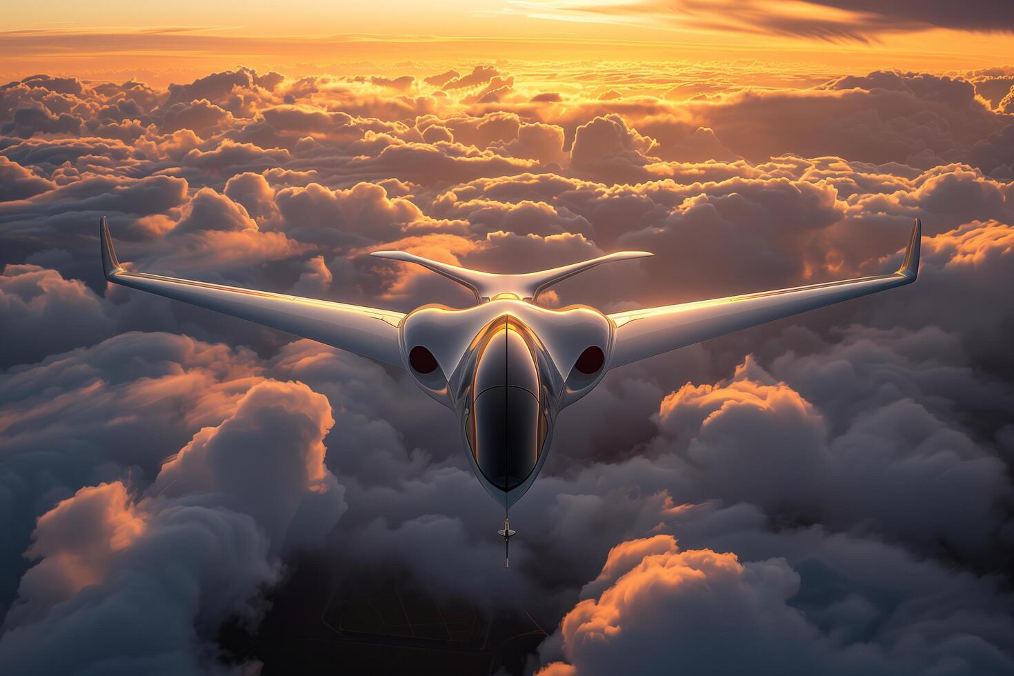A jet plane flying through the clouds at sunset photo