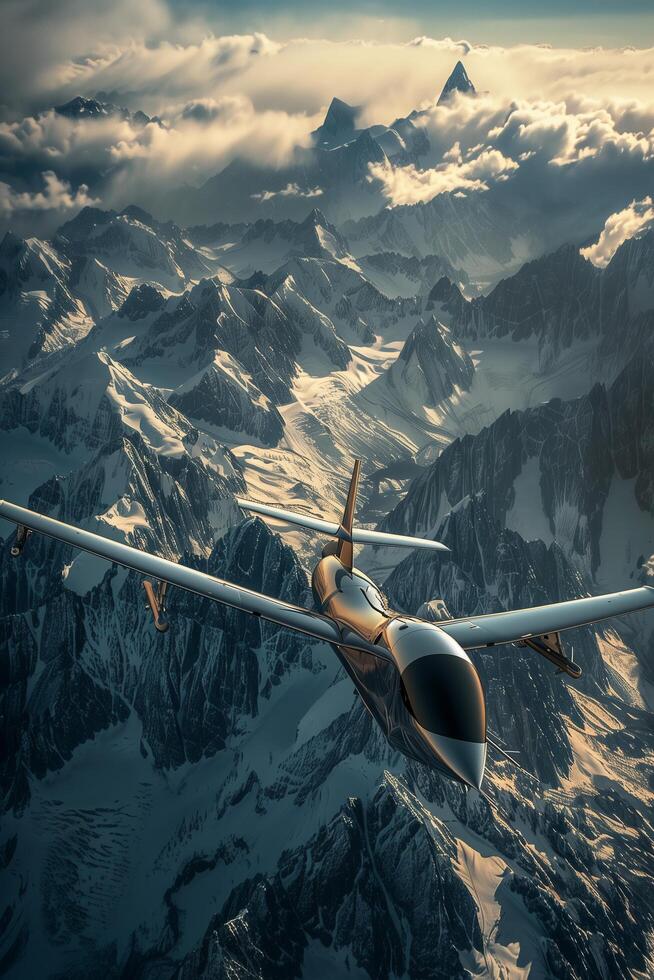 A small airplane flying over a mountain range photo