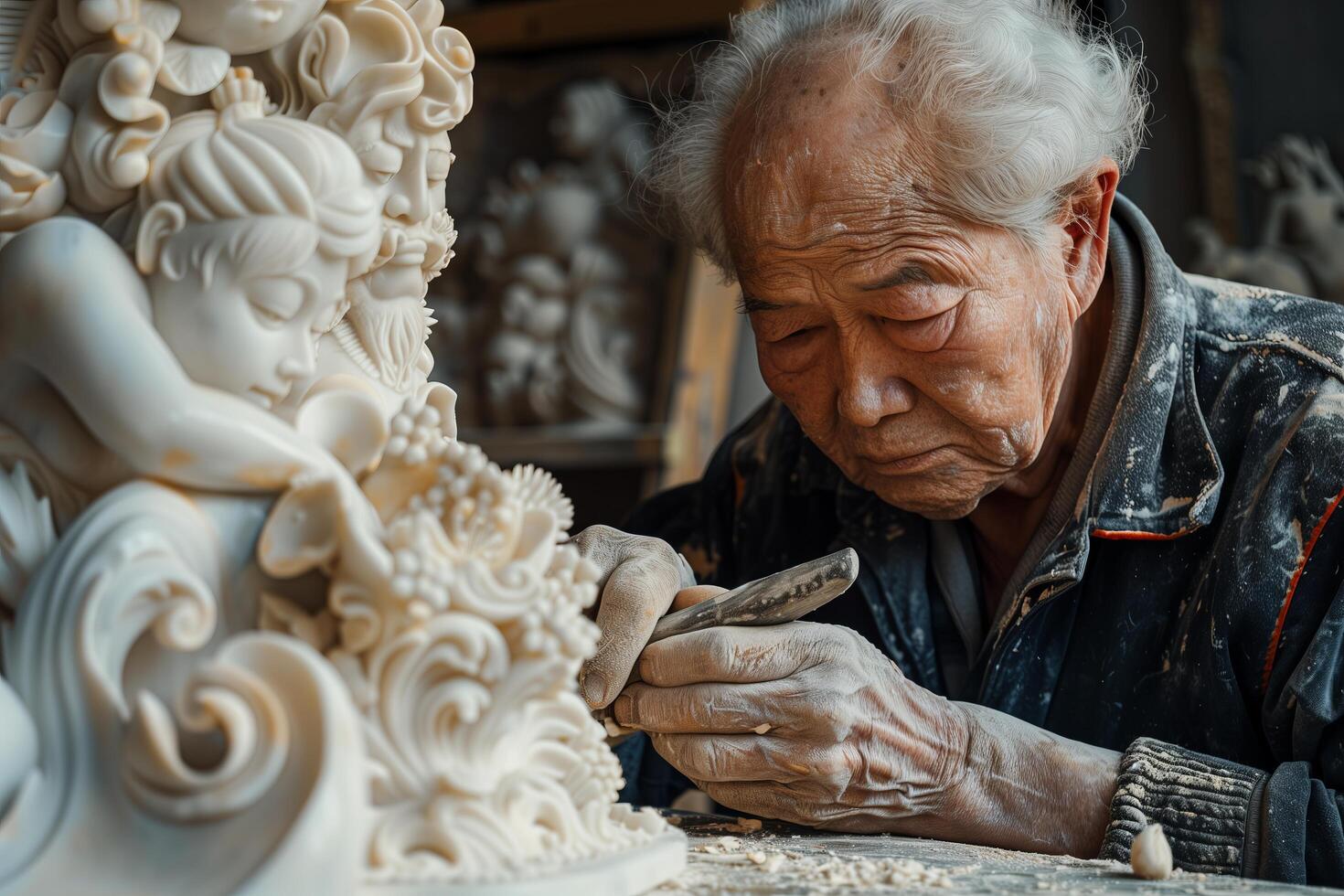 An old man is working on a sculpture photo