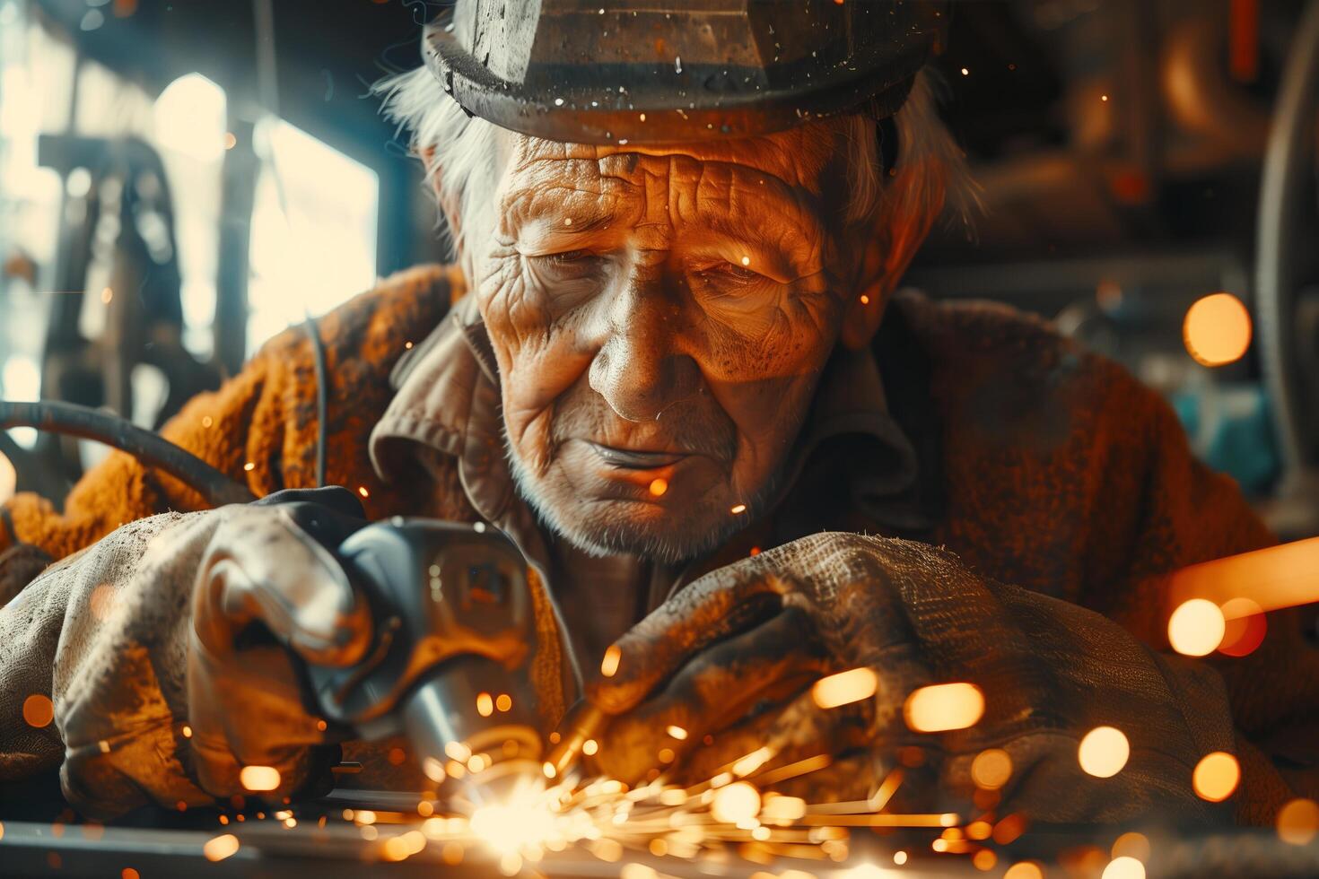 An old man is welding metal in a factory photo