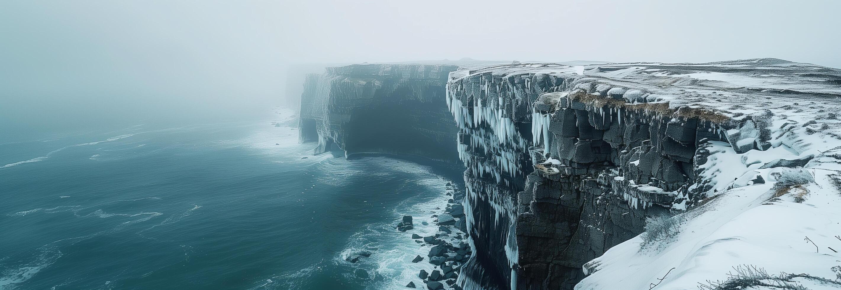 A large cliff with ice on it in the ocean photo