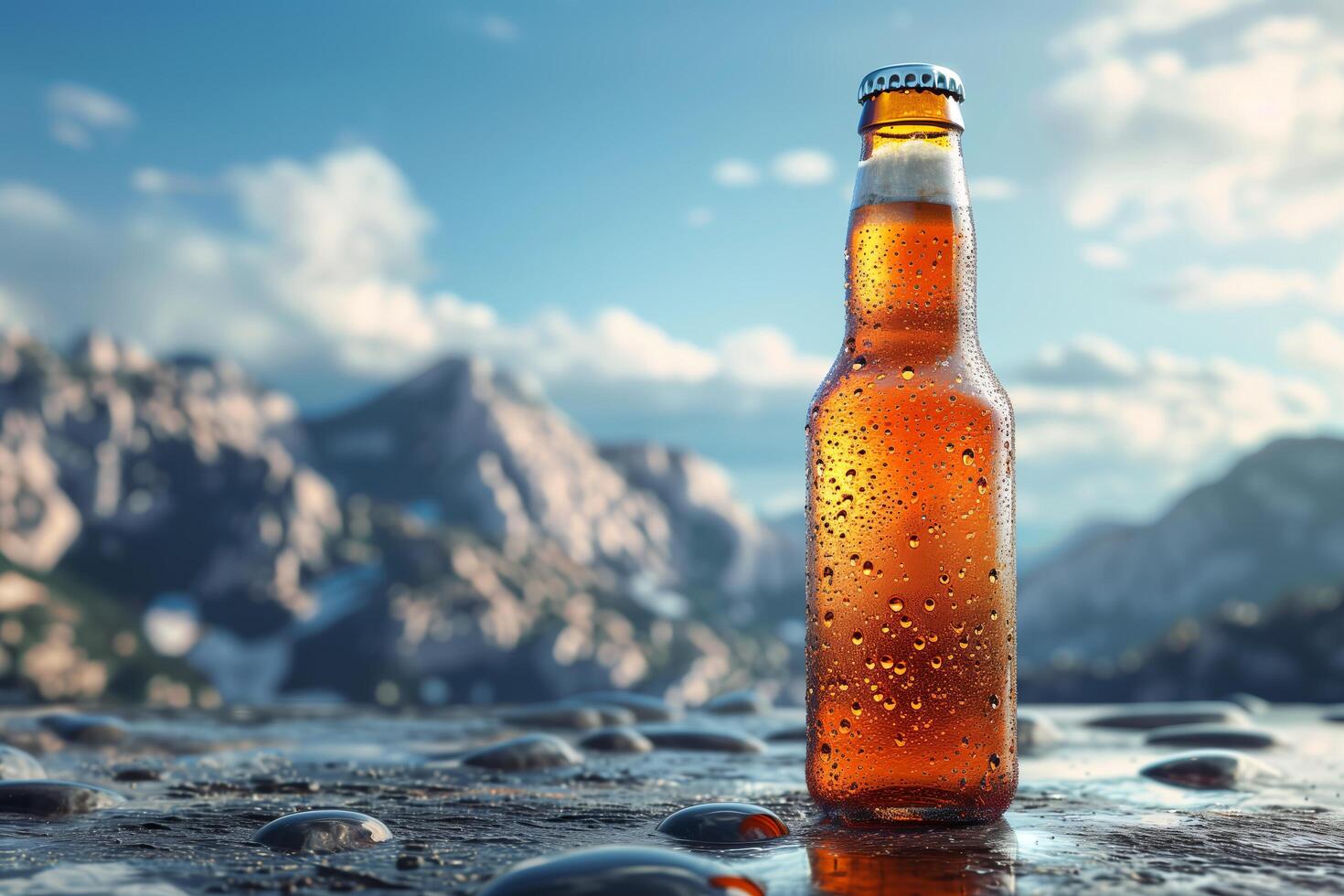 A beer bottle sitting on a rock with mountains in the background photo