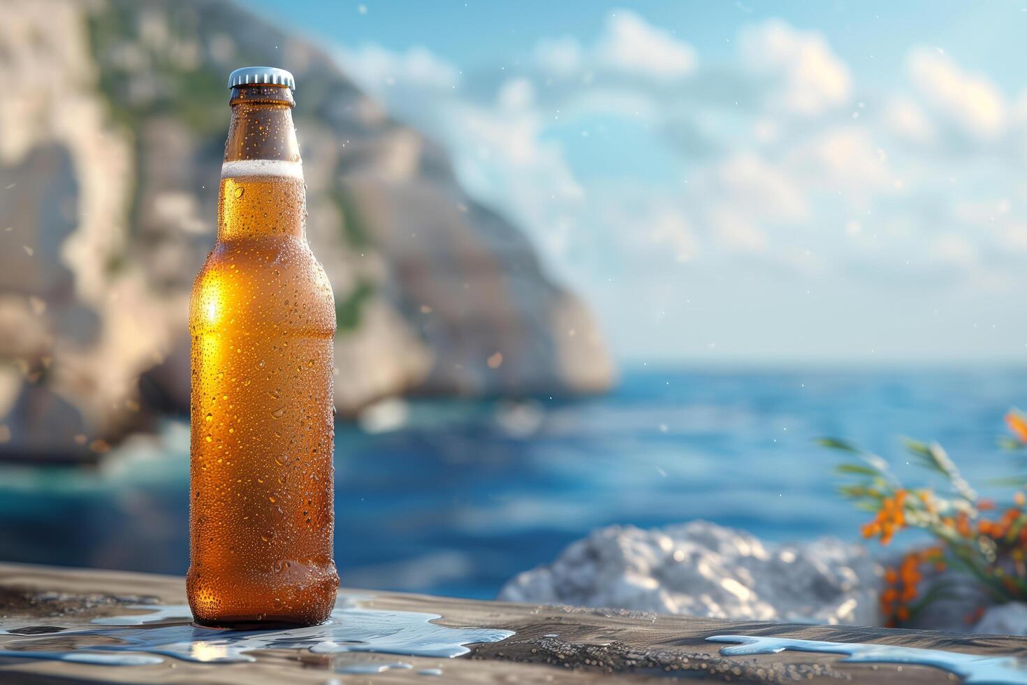 Beer bottle on the beach with the ocean in the background photo
