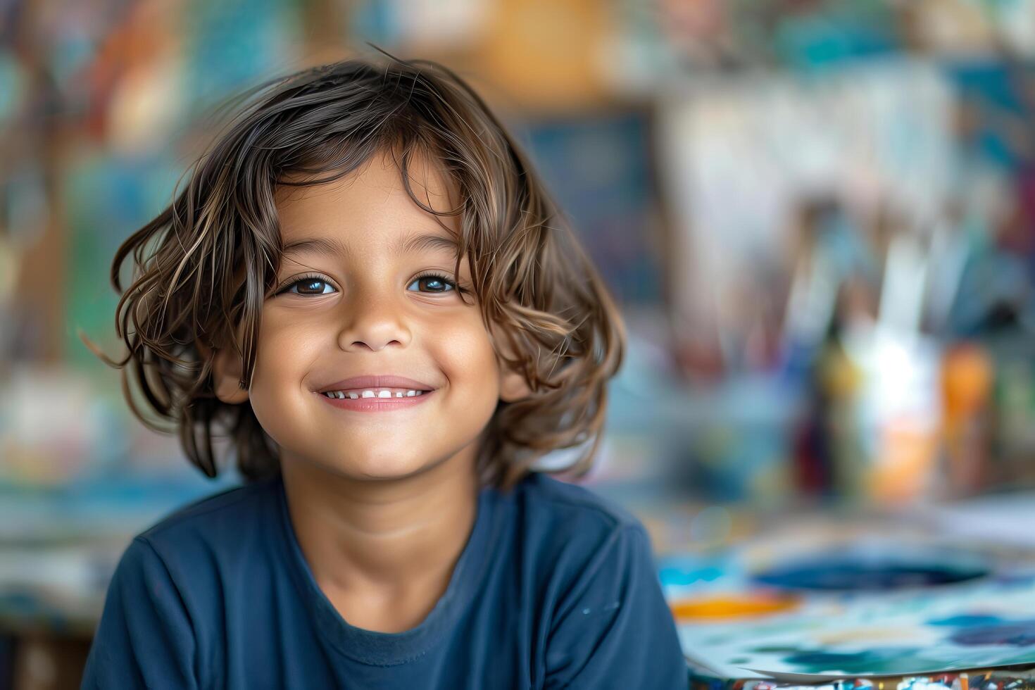 A young boy smiles while sitting at a table photo