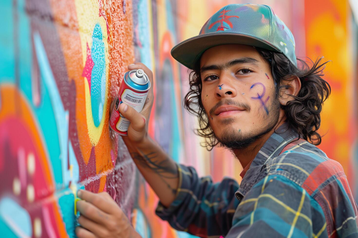 A man with a hat and a cap is painting a wall photo