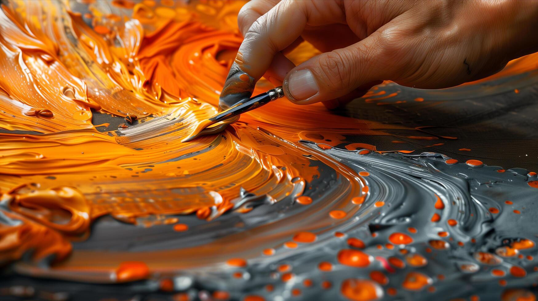 A person painting with a brush on a piece of orange paint photo