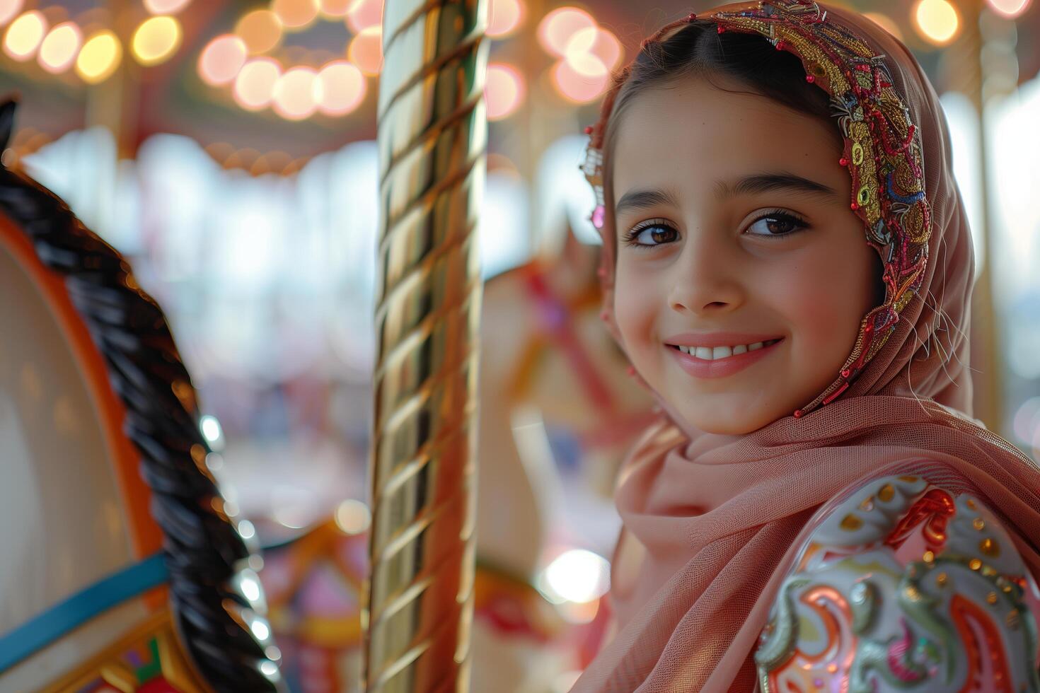 A young girl smiles while riding a carousel photo