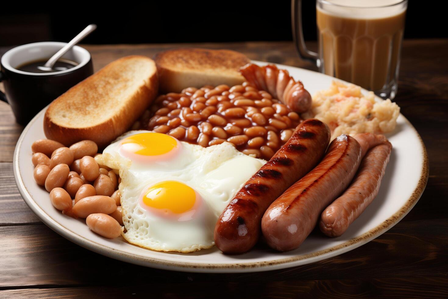 A plate of breakfast food with a cup of coffee photo
