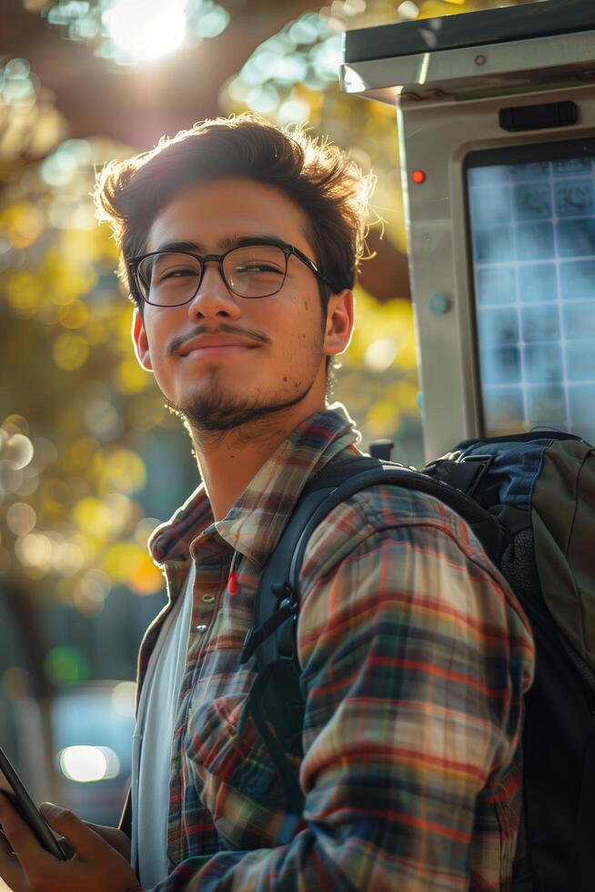 A man with glasses and a backpack standing in front of a bus photo