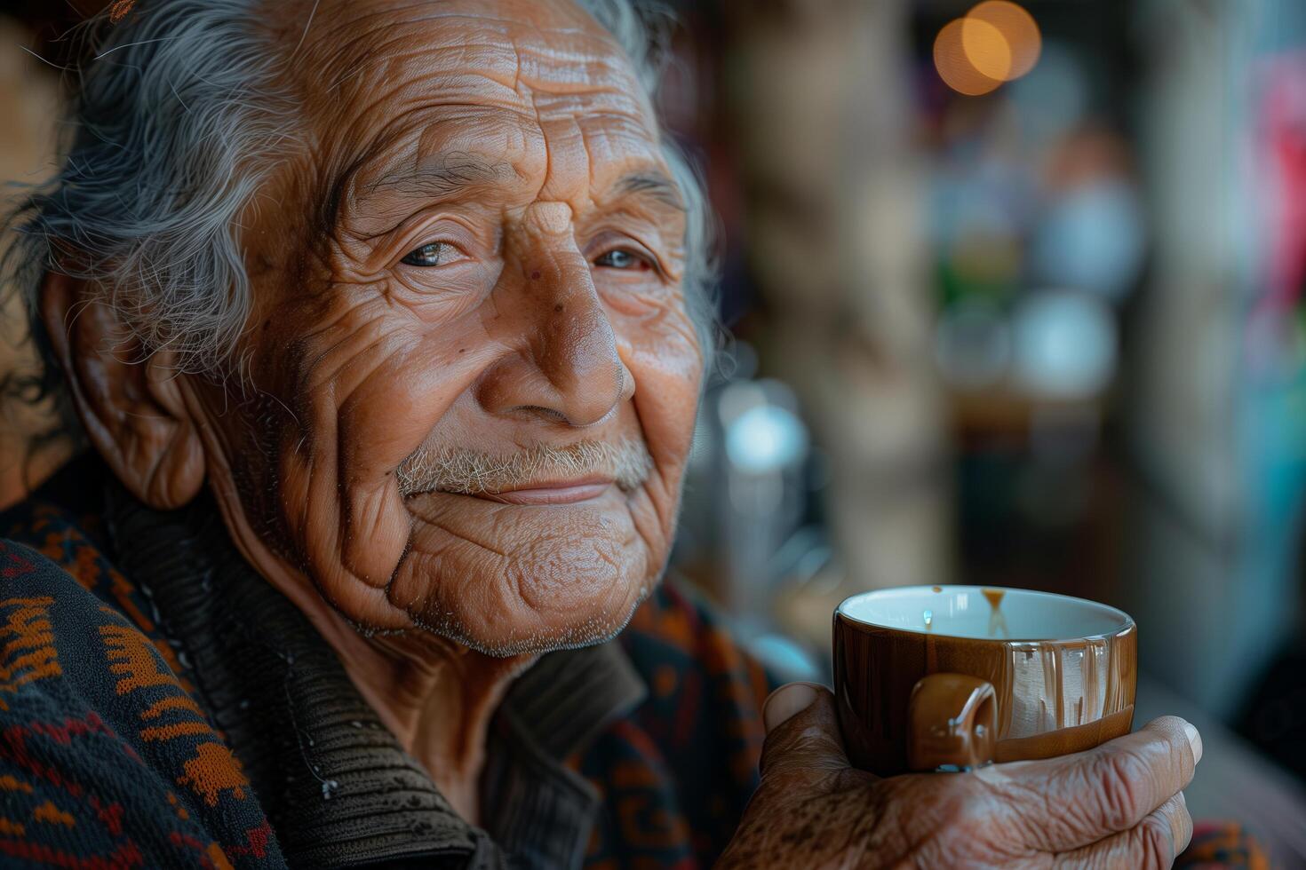 An old man holding a coffee cup photo