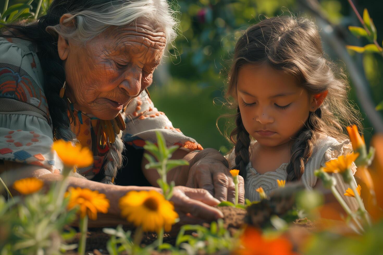 An older woman and a young girl in the garden photo