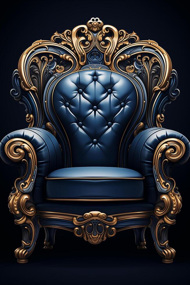 Royal blue velvet chair with gold frame and ornate details photo