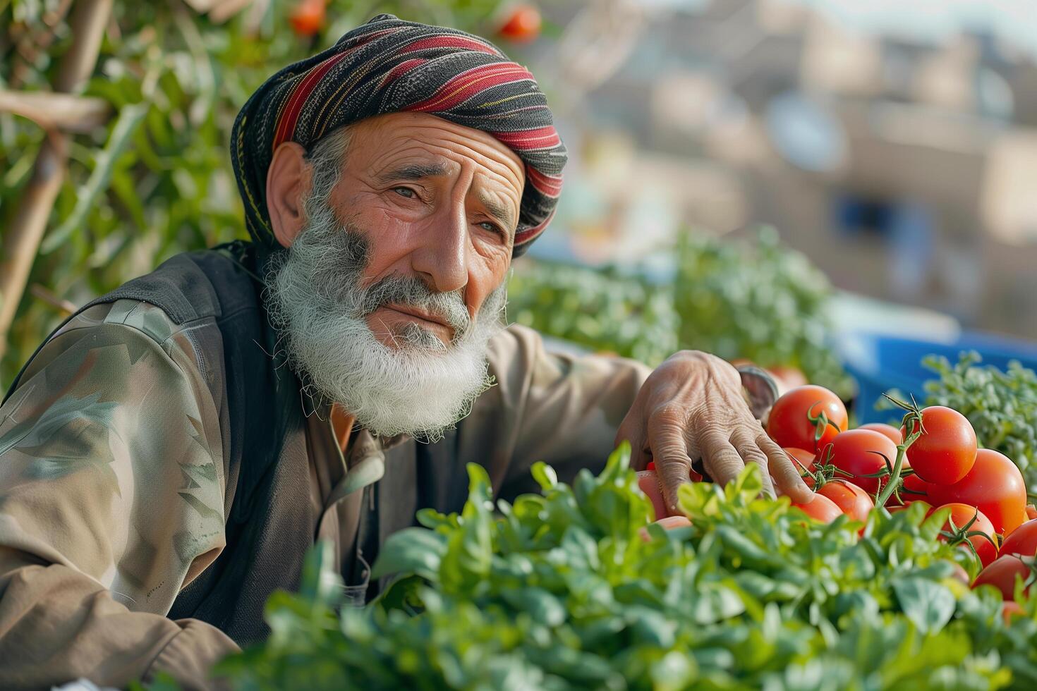 An old man with a turban sitting in front of a garden photo