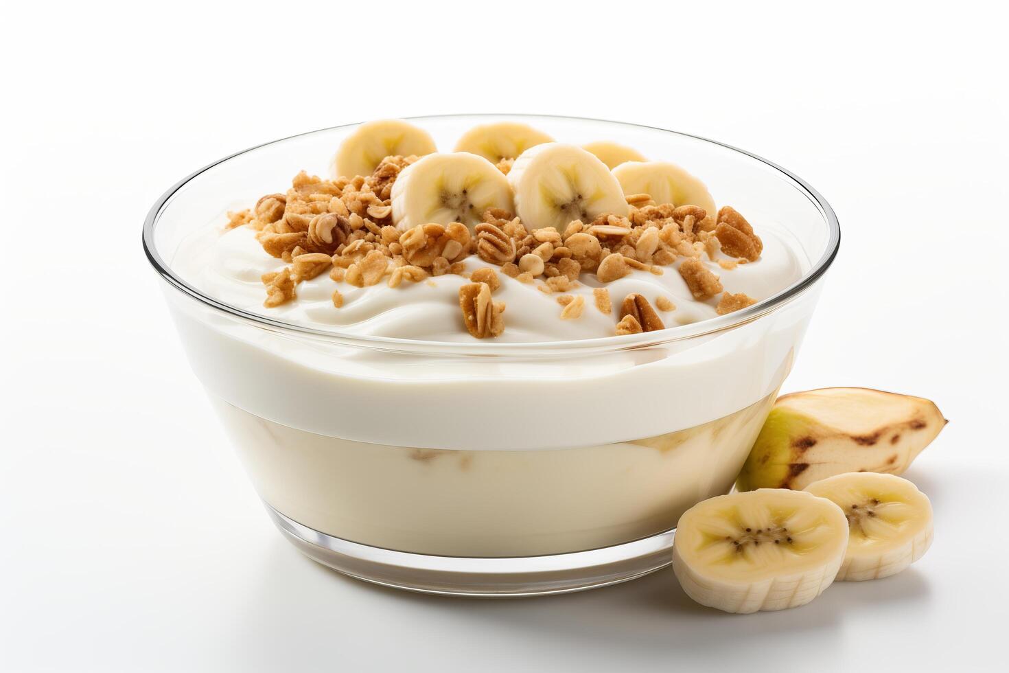 A bowl of yogurt with bananas and granola photo