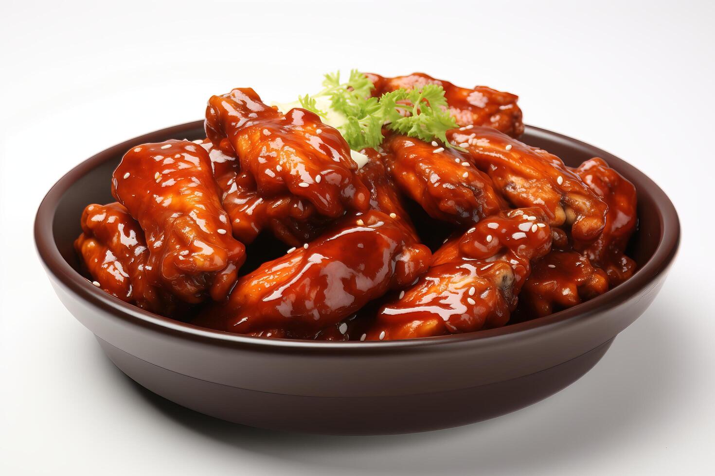 A bowl of wings with sauce on a white background photo