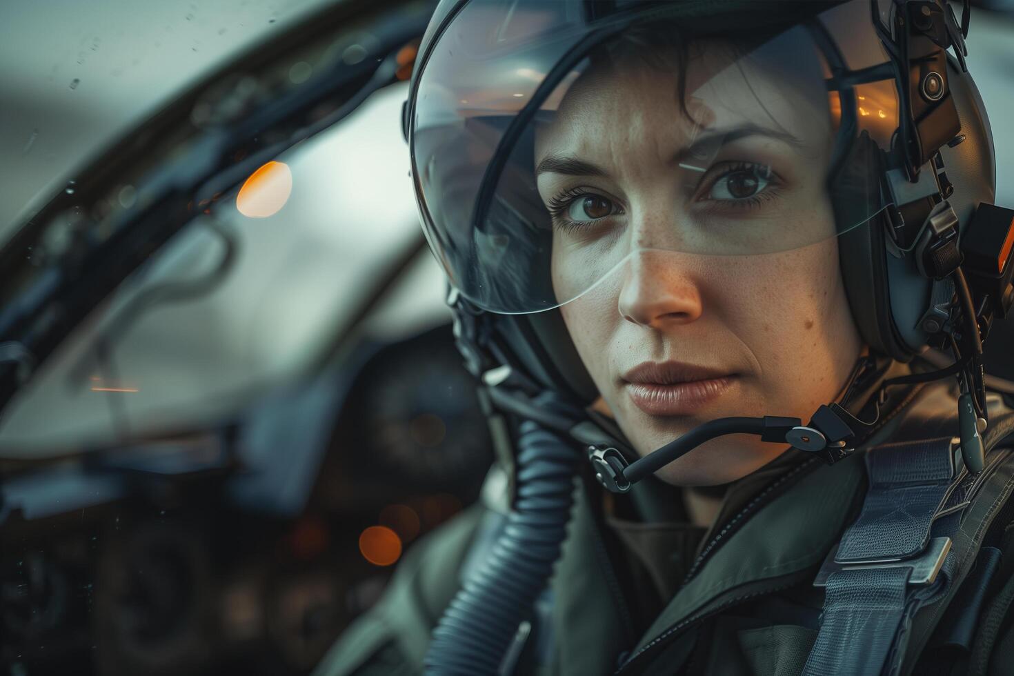 A woman in a pilot's helmet looking out the window photo