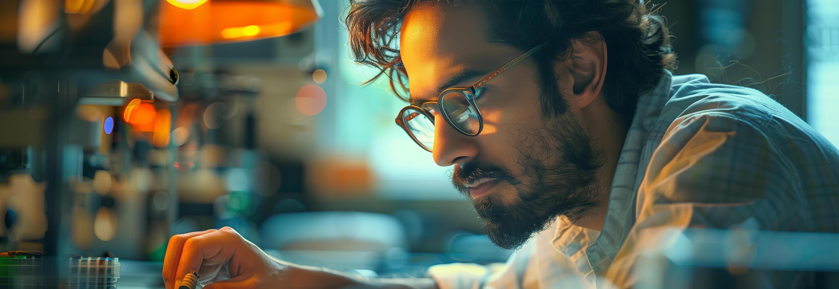A man in glasses is working on a computer photo