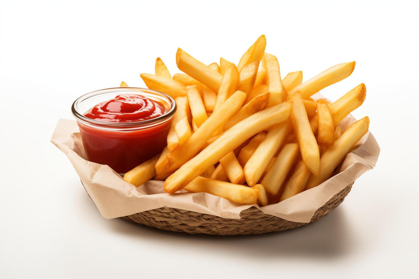 French fries in basket with ketchup photo