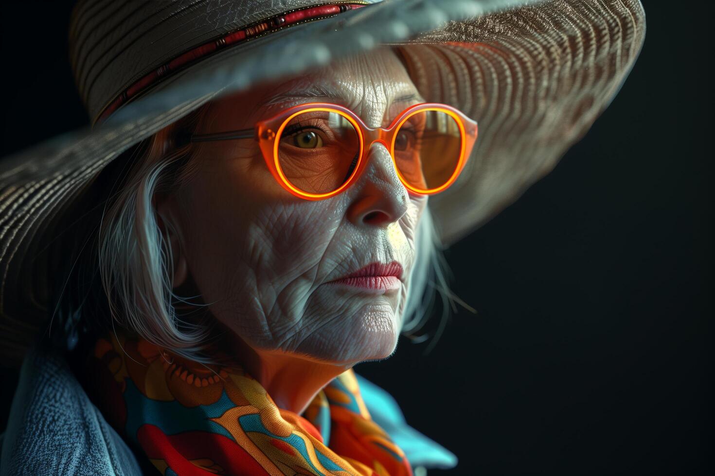 An older woman wearing a hat and sunglasses photo