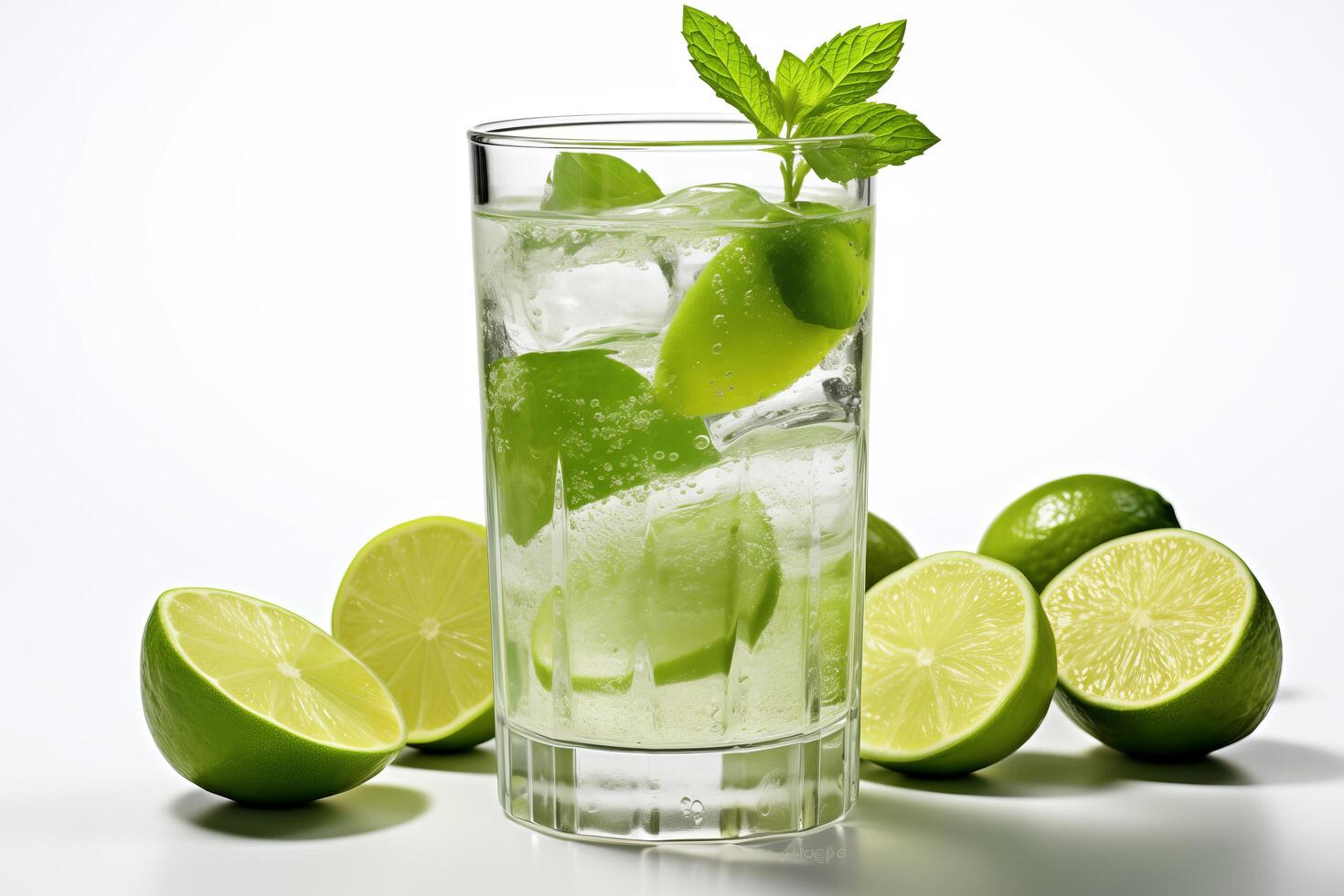 A glass of water with lime slices and mint leaves photo