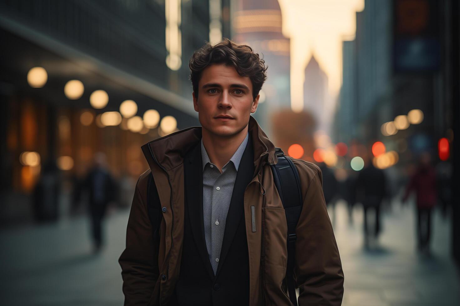 A man standing in the middle of a city street photo