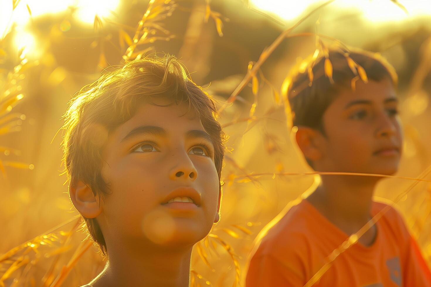 Two boys looking up in a field of tall grass photo
