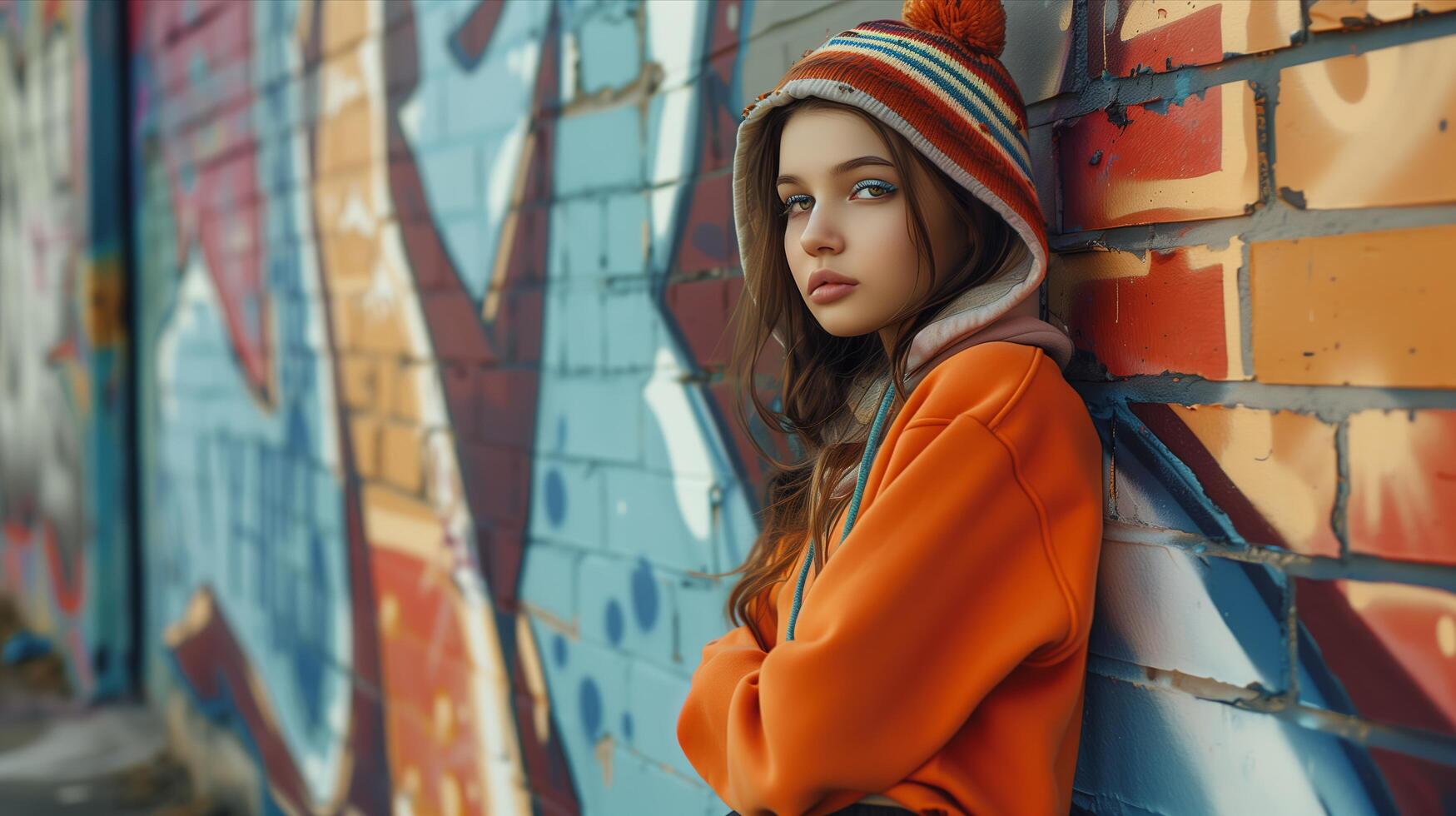 A young woman in an orange hoodie leaning against a wall with graffiti photo