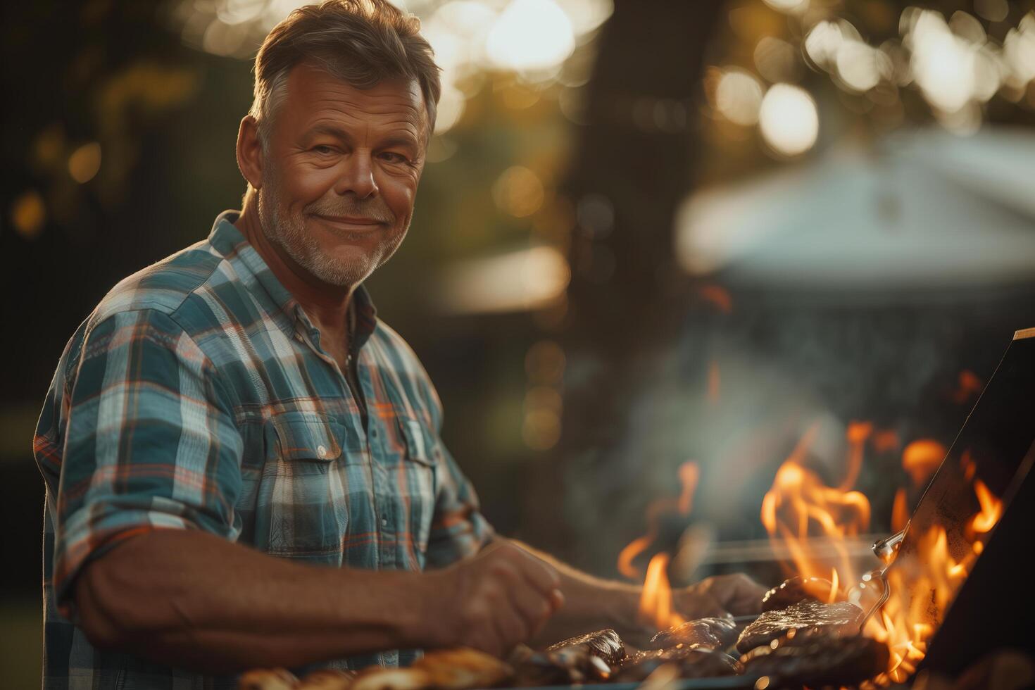 A man is grilling food on a grill photo