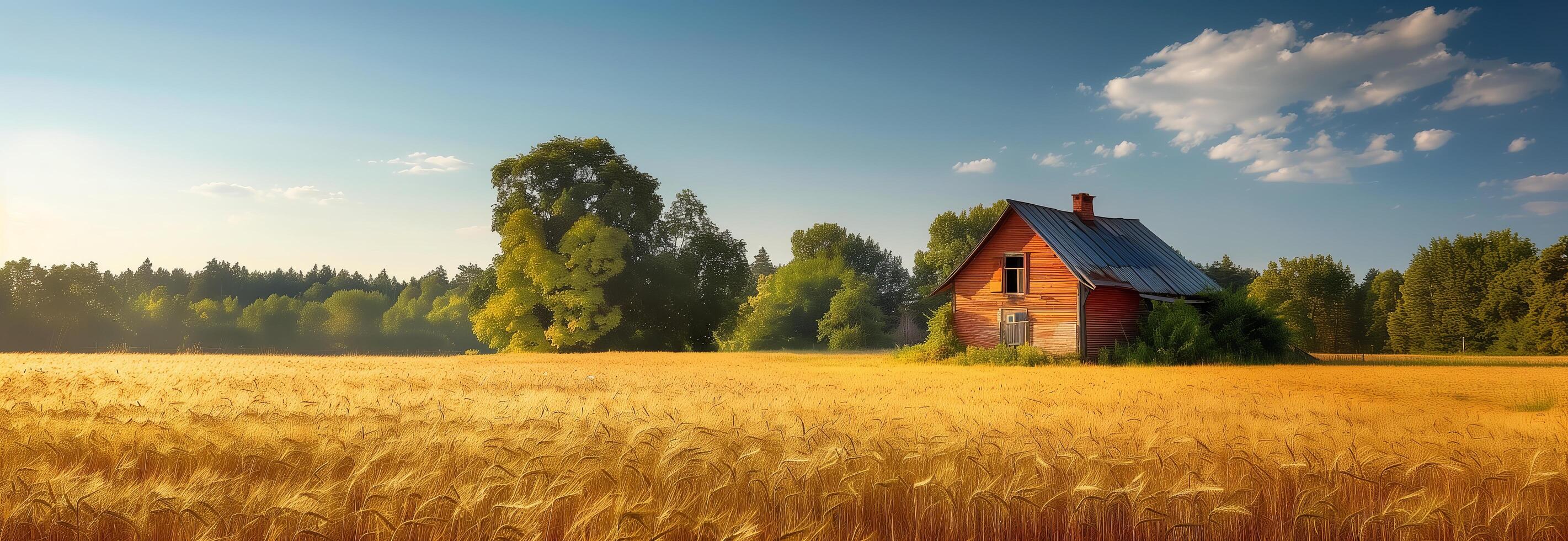 An old house in a field with trees and grass photo