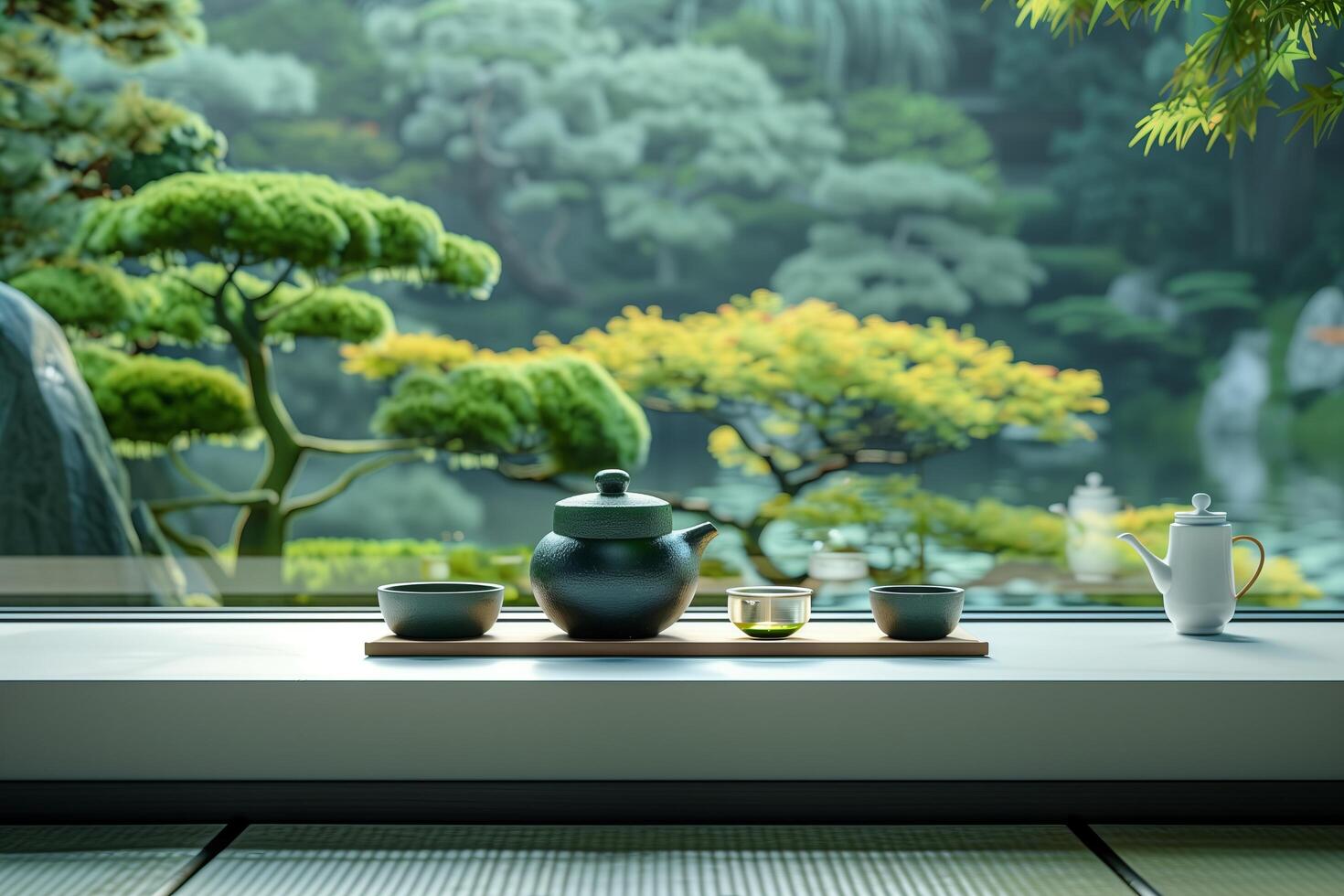 A window sill with tea pots and a tea table photo