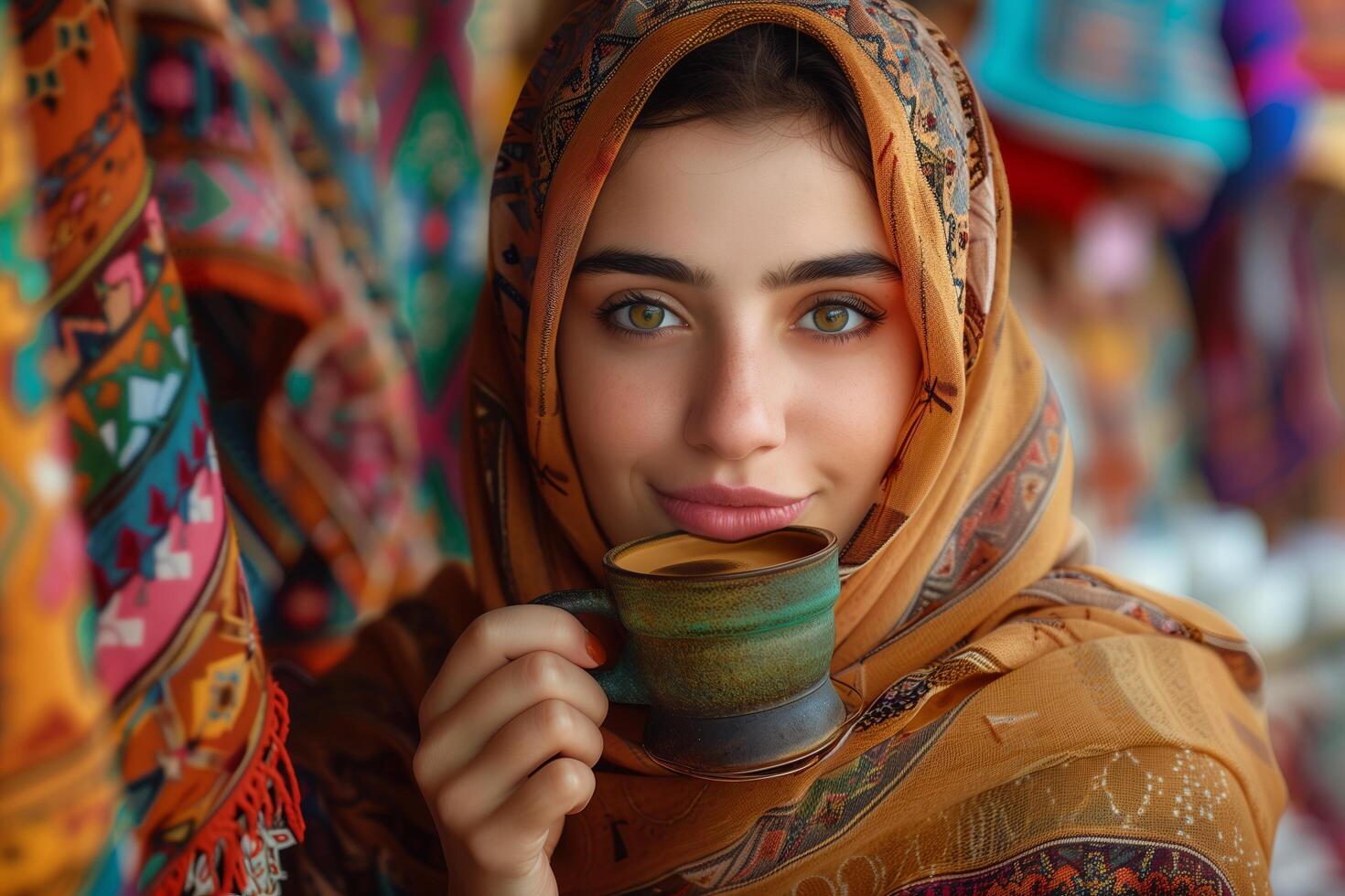 A woman in a headscarf holding a cup of coffee photo