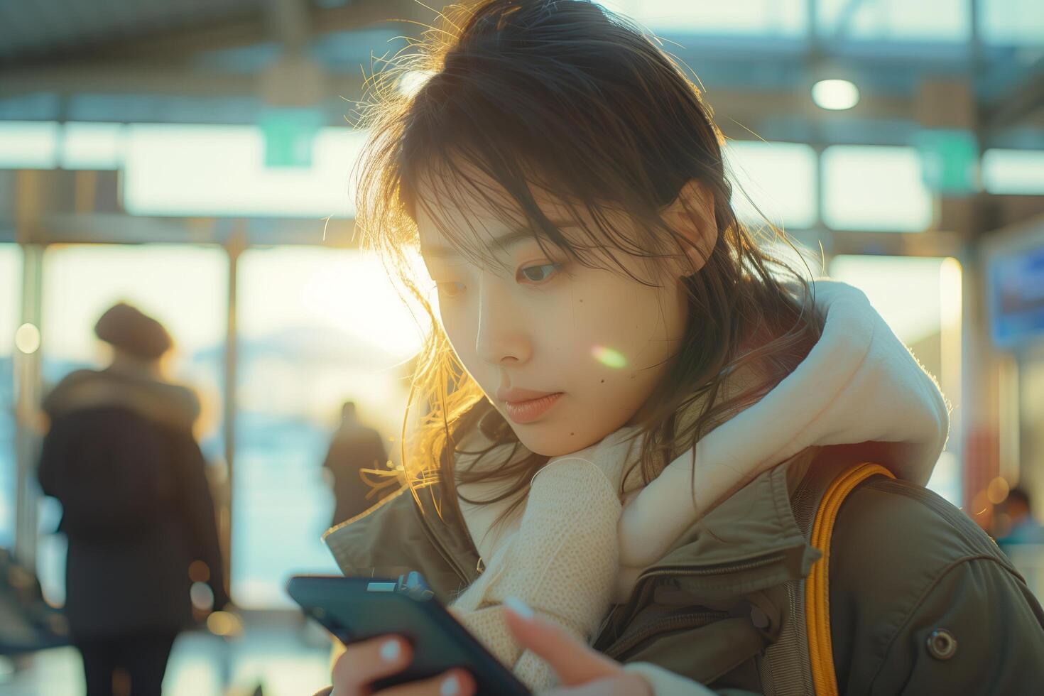 A woman looking at her phone while standing in an airport photo