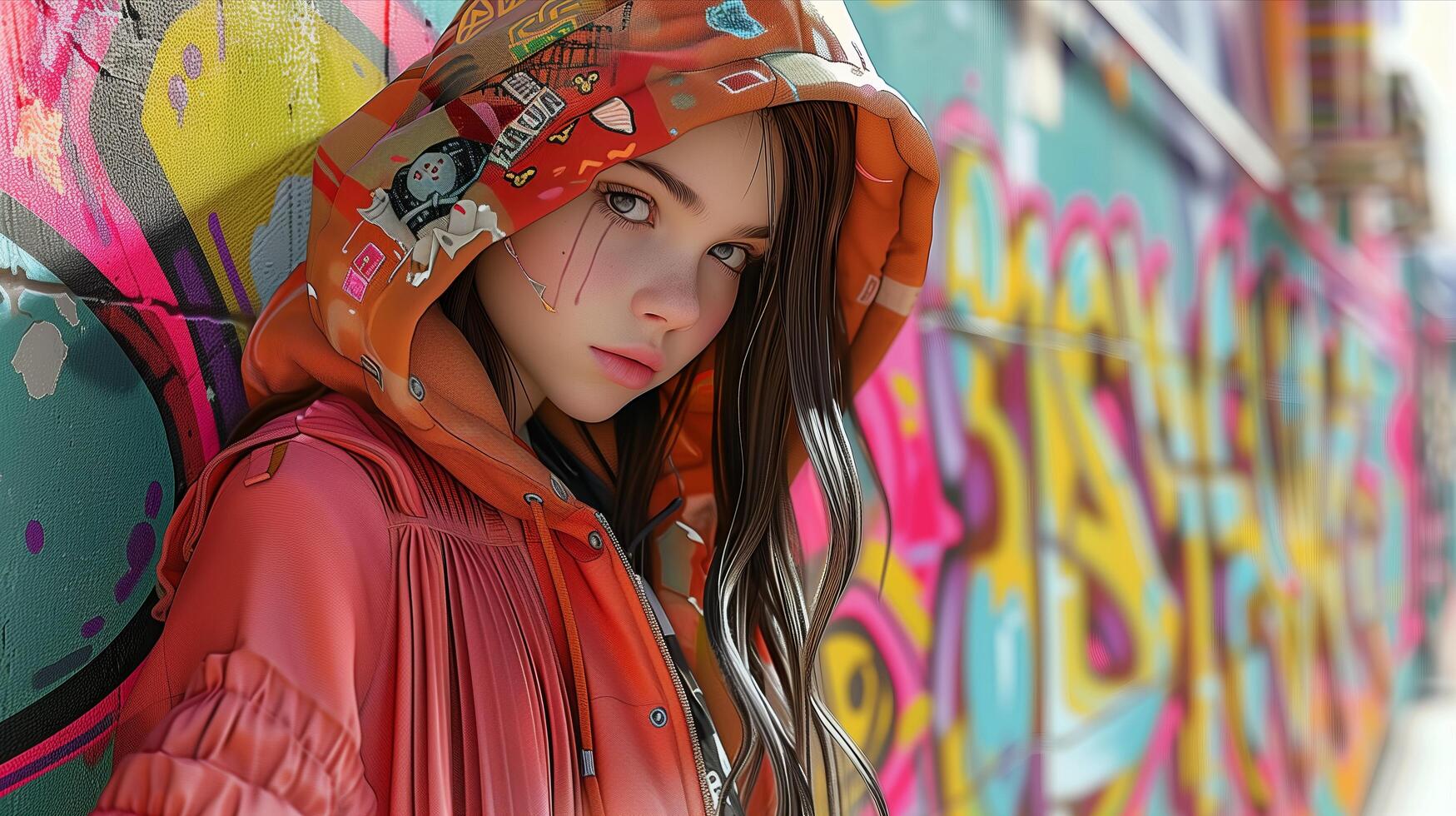 A girl in a hoodie standing in front of a colorful wall photo
