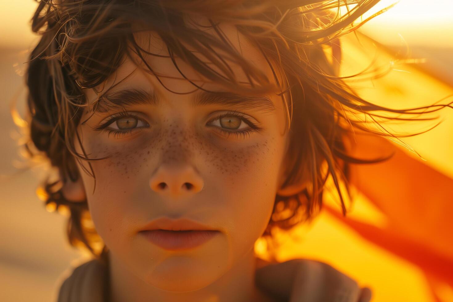 A boy with a red and orange scarf photo
