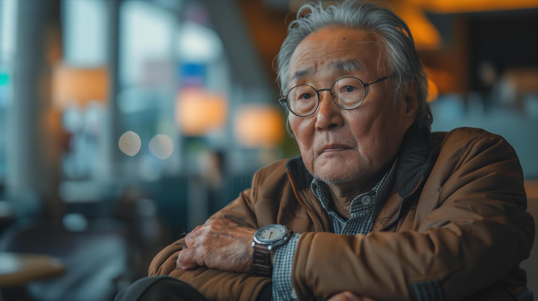 An older man with glasses sitting in a cafe photo